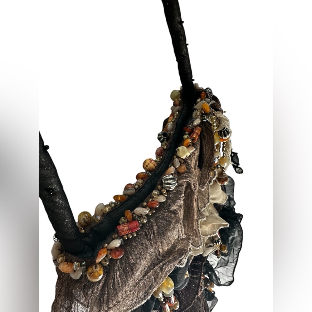 Mary Frances Boho tiered Ruffle designer brown black beige Handbag Beaded VTG - Picture 3 of 6